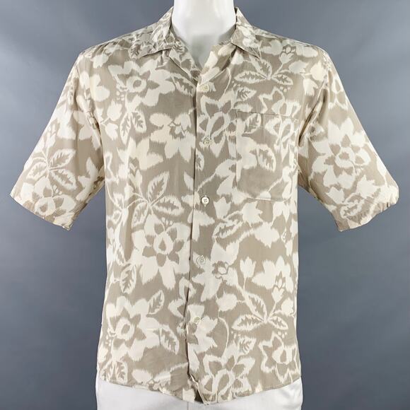 BYBLOS Size 46 Tan Cream Floral One Pocket Short Sleeve Shirt - Picture 1 of 11